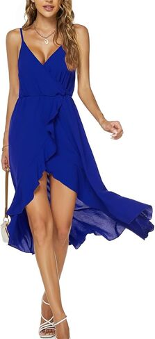 Women's Summer Chiffon Sleeveless Spaghetti Strap Cross V Neck High Low Dress Beach Flowy Party Midi Dresses 837 in Saudi Arabia