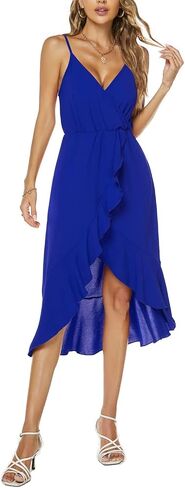 Women's Summer Chiffon Sleeveless Spaghetti Strap Cross V Neck High Low Dress Beach Flowy Party Midi Dresses 837 in Saudi Arabia