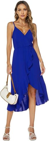 Women's Summer Chiffon Sleeveless Spaghetti Strap Cross V Neck High Low Dress Beach Flowy Party Midi Dresses 837 in Saudi Arabia
