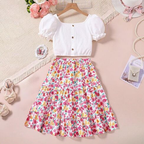 Girls 2 Piece Outfit White Bubble Lace Sleeve Top Fragmented Flower Print Skirt Two Piece Set 8-12 Years in Saudi Arabia