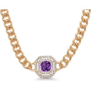 Gem Stone King 14K Yellow Gold Plated Gemstone Birthstone and White Moissanite Necklace | Cuban Curb Link Chain Pendant Necklace for Women | Cushion 6MM | 16 Inch Chain + 2 Inch Extender
