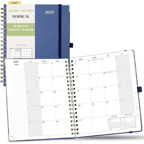 POPRUN Monthly Planner 2024-2025 Spiral Bound (8'' x 10'') 18 Months Calendar (Jul 2024 - Dec 2025) - 4 Pages per Month with Monthly Dotted Note Pages, Sunday Start, HardCover - Light Pink