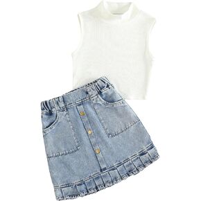 OYOANGLE Girl's 2 Piece Outfits Rib Knit Mock Neck Tank Top and Button Front A Line Denim Skirts Set