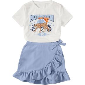Floerns Girl's 2 Piece Outfit Graphic Print T Shirt and Bow Front Layered Skirt Set