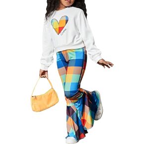 Floerns Girls 2 Piece Outfit Letter Heart Print Sweatshirt and Plaid Bell Bottom Ruffle Hem Pants