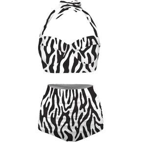 GETELINSENG Animals Print Women's Two-Piece Vintage Swimsuit Retro Halter Ruched High Waist Bikini
