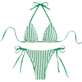 Women's Striped Halter Bathing Suit High Waisted Triangle Colorblock Swimsuit Bikini Set