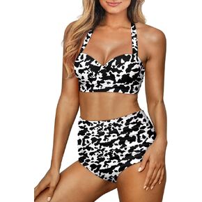 GETELINSENG Animals Print Women's Two-Piece Vintage Swimsuit Retro Halter Ruched High Waist Bikini