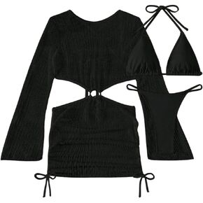 Verdusa Women's 3 Piece Swimsuit Lace Up Halter Triangle Bikini Sets with Sheer Cover Up