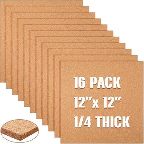 16 Pieces Cork Board Tiles 12 x 12 Square Bulletin Board 1/4 Thick Cork Board with 80 Self Adhesive Squares Included for Office, School and Home