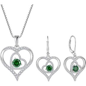Love Heart Jewelry Set for Women 925 Sterling Silver Emerald May Birthstone Necklace Leverback Earrings Gifts for Wife Girlfriend Mother Daughter