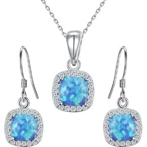 EVER FAITH 925 Sterling Silver CZ Blue Opal Gemstone Cushion Cut Halo Pendant Necklace Earrings Set