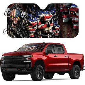 American Flag Skulls Fit Most Cars SUV Trucks Windshield Sunshade Foldable Sun Shade Can Blocks UV Rays Keep Your Vehicle Cool - 57 x 27 Inch