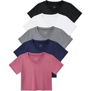 Cosy Pyro Workout Crop Tops for Women Short Sleeve Dry Fit Athletic Shirts Solid Cropped Top 5-Pack