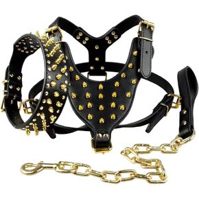 Leather Black Spikes Studded Medium Dog White Collar & Leash & Harness 3 Pcs Set for Pitbull Boxer Neck for 17-20"