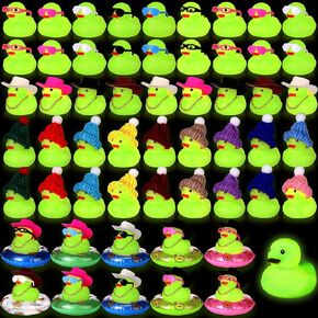 Sratte 140 Pcs Glow in The Dark Rubber Ducks Mini Luminous Light up Rubber Duck Bulk Fluorescent Bath Toy Assorted Duck Sunglasses Necklace Swim Circle Hat for Summer Baby Shower Birthday Party