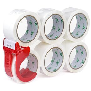 BOMEI PACK White Packing Tape with Dispenser, 2.4 Mil 1.88 Inch x 60 Yards, 6 Refills Rolls White Tape for Box Moving, Shipping and Packaging