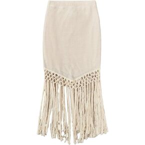 Floerns Women's Tassel Trim High Waist Fringe Hem Bodycon Boho Midi Skirt