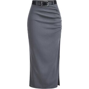 MakeMeChic Women's Casual High Waist Split Hem Belted Skirt Ruched Pencil Long Skirts