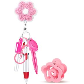 7 Pcs Nurse Badge Accessories Include Permanent Marker Pen, Retractable Ball Pen, Mini Highlighter, LED Flashlight Keychain, Keychain, Floral Nurse Badge Holder Flower Hair Clips (Pink)