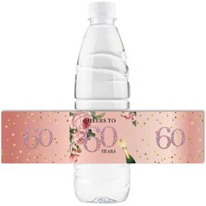35 Pcs Cheers to 60 Water Bottle Stickers, Happy 60th Birthday Water Bottle Labels, 60th Anniversary Party Bottle Wrappers, Sixty Years Old Party Decorations - Pink