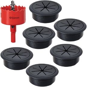 OIIKI 2 Inch (50mm) Desk Grommet with Hole Saw, 6PCS Black Flexible Wire Cord Cable Desk Hole Covers, Cable Management Cable Grommets for Office, Home