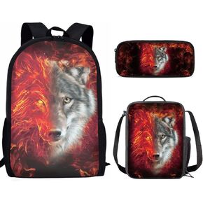 Backpack Set for Primary Middle School Student, Wolf Red Cool Print Book Bag, Backpacks with Thermal Lunch Bag Pencil Case Gift 3 Pieces Set Durable
