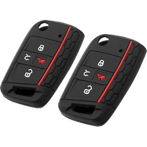 Silicone Key Fob Cover Fit for Volkswagen VW Atlas Tiguan Golf Alltrack SportWagen R Polo e-Golf Folding Flip 4 Buttons Key Fob | Car Accessories | Remote Key Protection Case - Black & Black