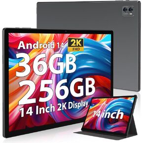 Tablet 14 inch Ultra Big Android 14 Tablets, 256GB Storage(Expand to 1TB),36GB(12+24) RAM, 11580 mAh Battery 18W PD Fast Charger, 8 Core 2.0gHz CPU,4 Speakers, 5G WiFi with Case-Gray