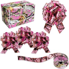Havercamp Pink Camo Christmas Wrapping Paper Set, 8 Sheets (40 Sq Ft) and 6 Pull Bows, Pink Deer Gift Wrap for Birthdays, Showers