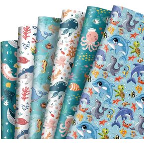 AnyDesign 12 Sheets Ocean Wrapping Paper Cartoon Marine Animal Gift Wrap Paper Bulk Folded Flat Under The Sea Blue DIY Craft Art Paper for Birthday Baby Shower Party Supplies, 19.7 x 27.6 Inch