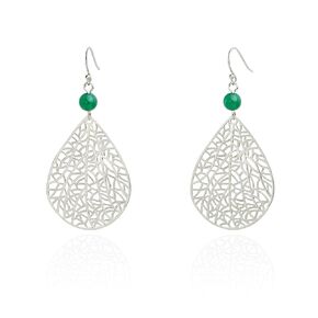 Handmade Filigree Teardrop Dangling Earrings for Women, Sterling Silver Hooks Green Jade Ball Leaf Earrings