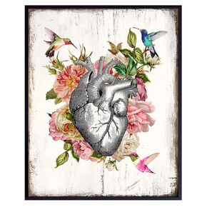 Heart Hummingbird Rose Wall Decor - 8x10 Rustic Farmhouse Shabby Chic Human Anatomy Art Decoration for Bedroom, Living Room, Medical Doctor Office - Gift for Cardiologist, Nurse, RN - UNFRAMED Print