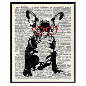 French Bulldog in Red Glasses - Dictionary Wall Art Print - 8X10 Photo Print - Cool Home Decor or Gift for Animal or Dog Lover, Veterinarian, Vet Office – Unframed Poster Picture