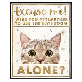 Excuse Me Cat Bathroom Wall Art - Funny Bathroom Wall Decor - Guest Bathroom Accessories - Bath Wall Decor - White Gold Bathroom Decorations for Women Kitty Kitten Cat Lover - Powder room Wall Art
