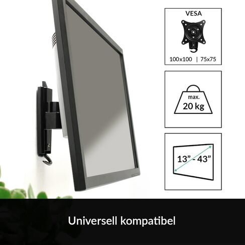 ARCTIC W1A - ذراع شاشة قابل للتركيب على الحائط مع نظام تثبيت سريع، شاشات وأجهزة تلفزيون فائقة الاتساع تصل إلى 43 بوصة/49 بوصة، يصل وزنها إلى 20 كجم (44 رطلاً)، دوران 360 درجة - أسود in Kuwait