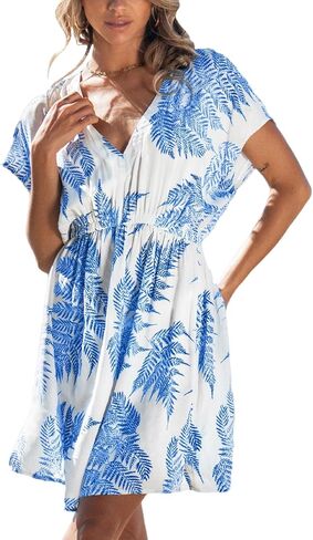 CUPSHE Women's Swimsuit Cover Up Dress Short Sleeve Casual Tropical Print 2024 Beach Dresses in Saudi Arabia