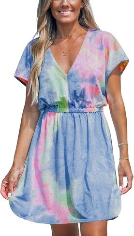 فستان سباحة نسائي من CUPSHE بأكمام قصيرة كاجوال بطبعة استوائية 2024 فساتين الشاطئ in Kuwait