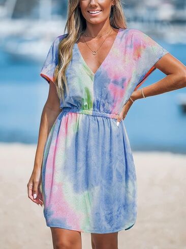 فستان سباحة نسائي من CUPSHE بأكمام قصيرة كاجوال بطبعة استوائية 2024 فساتين الشاطئ in Kuwait