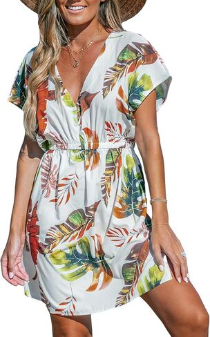 CUPSHE Women's Swimsuit Cover Up Dress Short Sleeve Casual Tropical Print 2024 Beach Dresses in Saudi Arabia