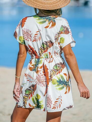 CUPSHE Women's Swimsuit Cover Up Dress Short Sleeve Casual Tropical Print 2024 Beach Dresses in Saudi Arabia