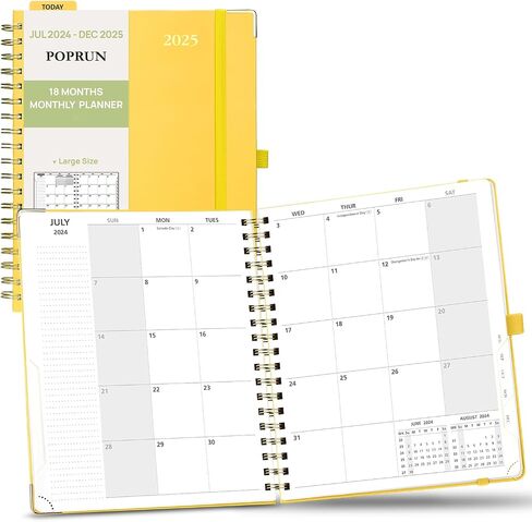 POPRUN Monthly Planner 2024-2025 Spiral Bound (8'' x 10'') 18 Months Calendar (Jul 2024 - Dec 2025) - 4 Pages per Month with Monthly Dotted Note Pages, Sunday Start, HardCover - Light Pink in Saudi Arabia
