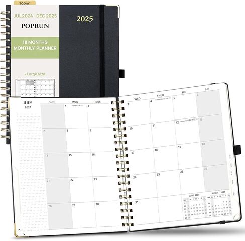 POPRUN Monthly Planner 2024-2025 Spiral Bound (8'' x 10'') 18 Months Calendar (Jul 2024 - Dec 2025) - 4 Pages per Month with Monthly Dotted Note Pages, Sunday Start, HardCover - Light Pink in Saudi Arabia