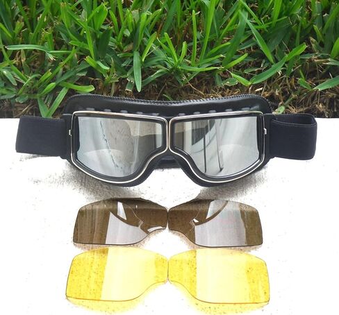 GALAXYLENSE Motorcycle Goggles Vintage Pilot Harley For Men Women Adult Riding With 3 Color Replacement Lenses in Saudi Arabia