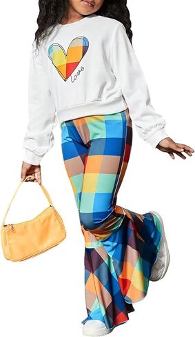 Floerns Girls 2 Piece Outfit Letter Heart Print Sweatshirt and Plaid Bell Bottom Ruffle Hem Pants in Saudi Arabia
