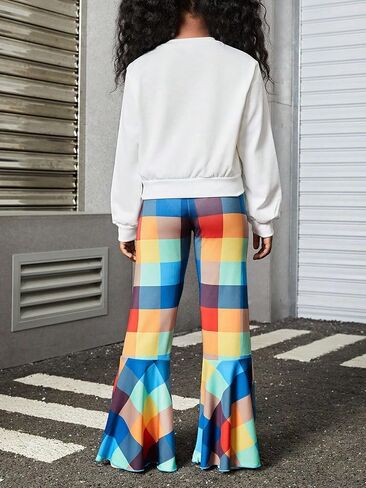 Floerns Girls 2 Piece Outfit Letter Heart Print Sweatshirt and Plaid Bell Bottom Ruffle Hem Pants in Saudi Arabia