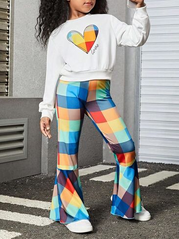 Floerns Girls 2 Piece Outfit Letter Heart Print Sweatshirt and Plaid Bell Bottom Ruffle Hem Pants in Saudi Arabia