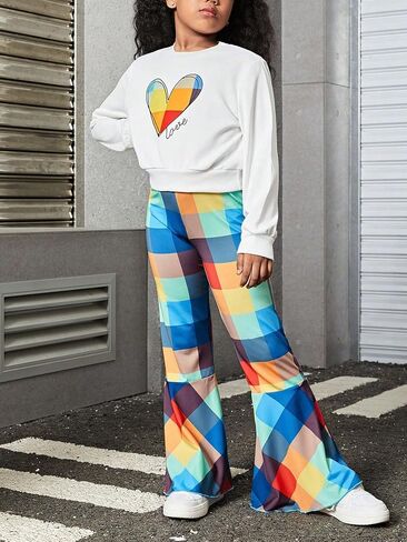 Floerns Girls 2 Piece Outfit Letter Heart Print Sweatshirt and Plaid Bell Bottom Ruffle Hem Pants in Saudi Arabia
