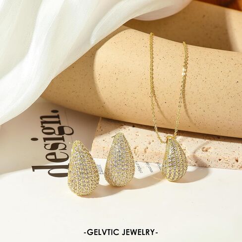 Teardrop Chunky Earrings for Women Tear Drop Necklaces Dupes Rhinestone Crystal Hoop Earring 18k Gold Plated Earrings Necklaces Jewelry Sets Water Drop Pendant Necklace Valentine Christmas Gift for Women Girl Mother Mom Lover in Saudi Arabia