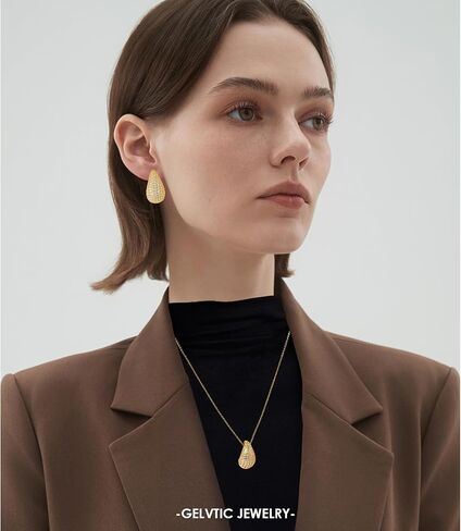 Teardrop Chunky Earrings for Women Tear Drop Necklaces Dupes Rhinestone Crystal Hoop Earring 18k Gold Plated Earrings Necklaces Jewelry Sets Water Drop Pendant Necklace Valentine Christmas Gift for Women Girl Mother Mom Lover in Saudi Arabia